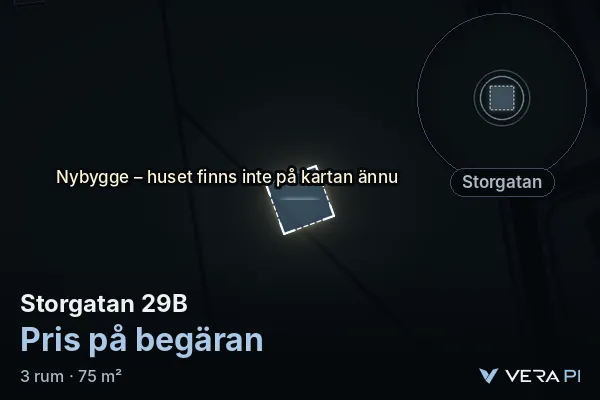 VERA PI's image of Storgatan 29B: the building in 3D, lit in blue, and the map around it