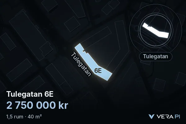 VERA PI:s bild av Tulegatan 6E: huset i 3D, upplyst i blått, och kartan runt omkring