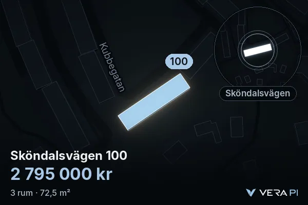 VERA PI:s bild av Sköndalsvägen 100: huset i 3D, upplyst i blått, och kartan runt omkring
