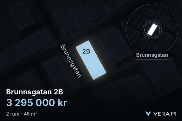 VERA PI:s bild av Brunnsgatan 2B: huset i 3D, upplyst i blått, och kartan runt omkring