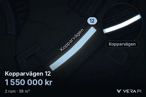 VERA PI's image of Kopparvägen 12: the building in 3D, lit in blue, and the map around it