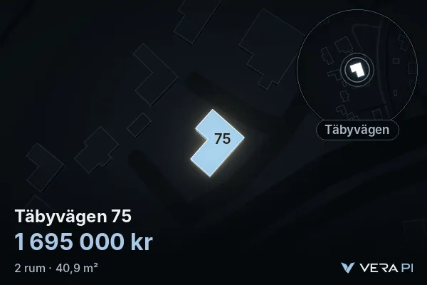 VERA PI:s bild av Täbyvägen 75: huset i 3D, upplyst i blått, och kartan runt omkring