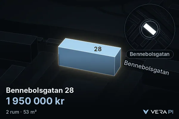 VERA PI:s bild av Bennebolsgatan 28: huset i 3D, upplyst i blått, och kartan runt omkring
