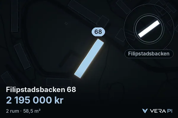 VERA PI:s bild av Filipstadsbacken 68: huset i 3D, upplyst i blått, och kartan runt omkring