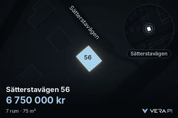 VERA PI:s bild av Sätterstavägen 56: huset i 3D, upplyst i blått, och kartan runt omkring