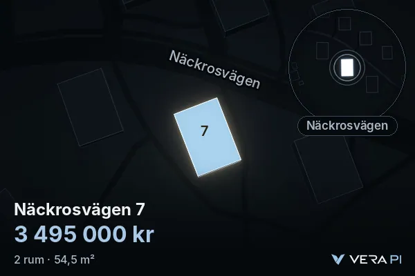 VERA PI's image of Näckrosvägen 7: the building in 3D, lit in blue, and the map around it