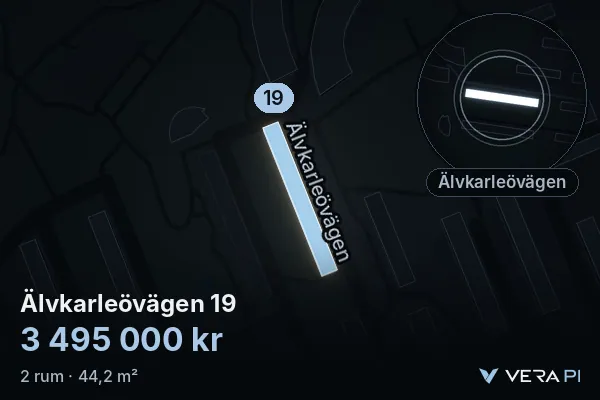 VERA PI's image of Älvkarleövägen 19: the building in 3D, lit in blue, and the map around it