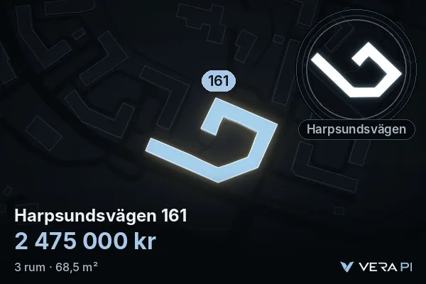 VERA PI:s bild av Harpsundsvägen 161: huset i 3D, upplyst i blått, och kartan runt omkring