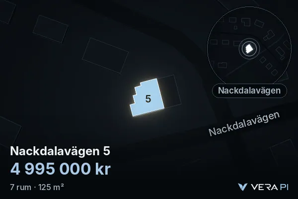 VERA PI's image of Nackdalavägen 5: the building in 3D, lit in blue, and the map around it