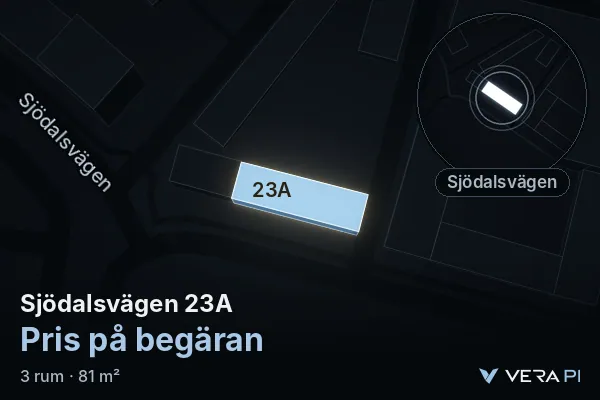 VERA PI:s bild av Sjödalsvägen 23A: huset i 3D, upplyst i blått, och kartan runt omkring
