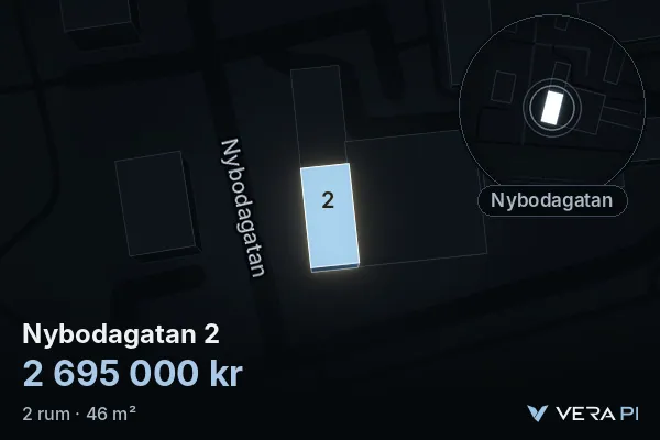 VERA PI's image of Nybodagatan 2: the building in 3D, lit in blue, and the map around it