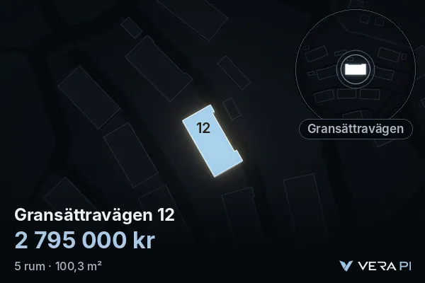 VERA PI:s bild av Gransättravägen 12: huset i 3D, upplyst i blått, och kartan runt omkring