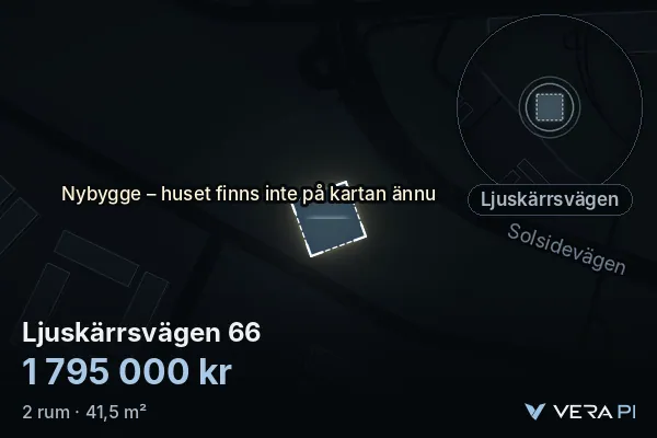 VERA PI:s bild av Ljuskärrsvägen 66: huset i 3D, upplyst i blått, och kartan runt omkring