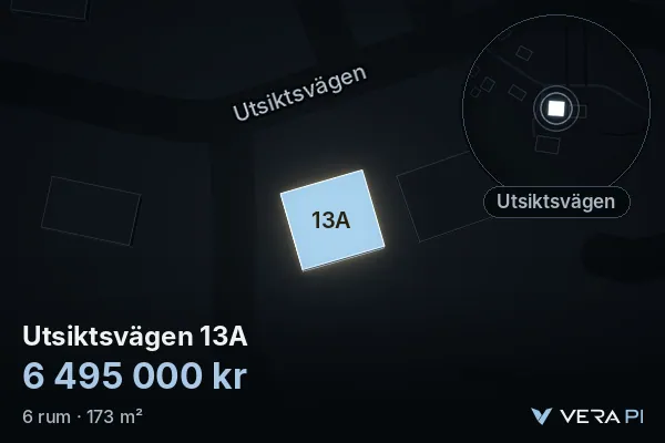 VERA PI:s bild av Utsiktsvägen 13A: huset i 3D, upplyst i blått, och kartan runt omkring