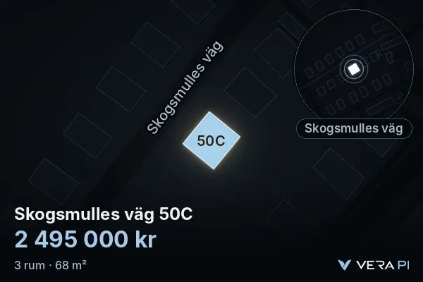 VERA PI's image of Skogsmulles väg 50C: the building in 3D, lit in blue, and the map around it