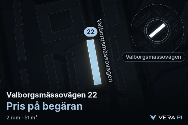 VERA PI's image of Valborgsmässovägen 22: the building in 3D, lit in blue, and the map around it