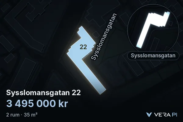 VERA PI:s bild av Sysslomansgatan 22: huset i 3D, upplyst i blått, och kartan runt omkring
