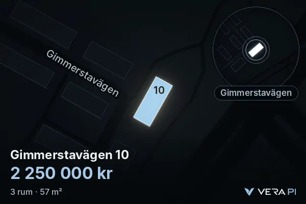 VERA PI:s bild av Gimmerstavägen 10: huset i 3D, upplyst i blått, och kartan runt omkring