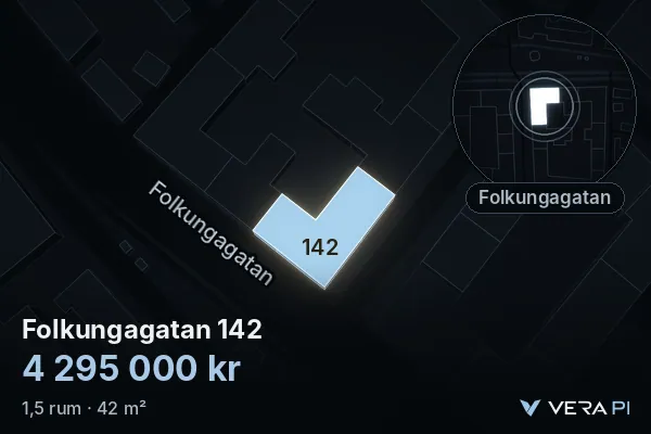 VERA PI:s bild av Folkungagatan 142: huset i 3D, upplyst i blått, och kartan runt omkring