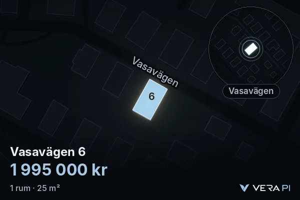 VERA PI's image of Vasavägen 6: the building in 3D, lit in blue, and the map around it