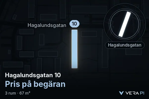 VERA PI's image of Hagalundsgatan 10: the building in 3D, lit in blue, and the map around it