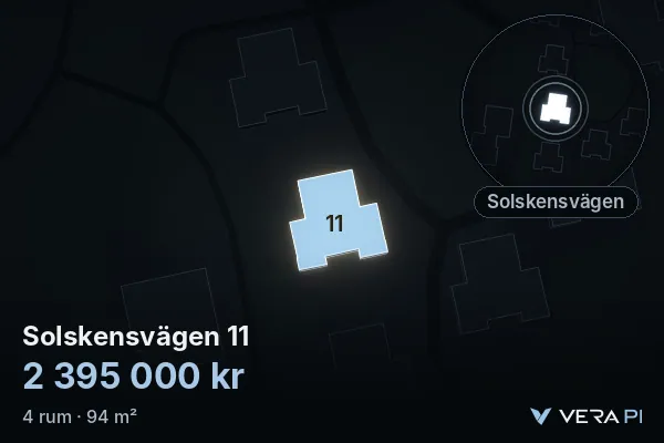 VERA PI's image of Solskensvägen 11: the building in 3D, lit in blue, and the map around it