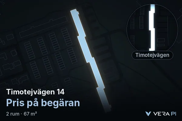 VERA PI's image of Timotejvägen 14: the building in 3D, lit in blue, and the map around it