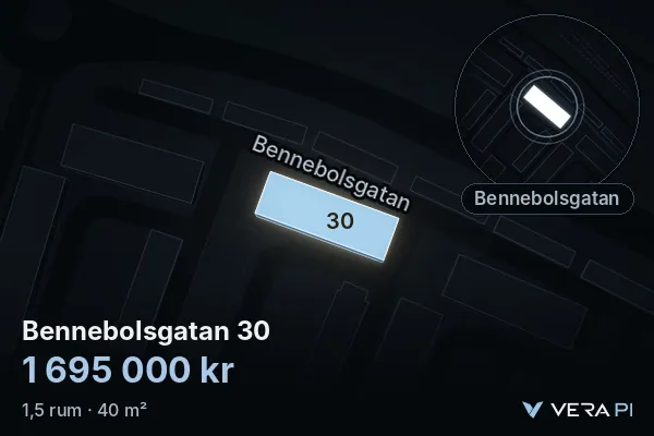 VERA PI:s bild av Bennebolsgatan 30: huset i 3D, upplyst i blått, och kartan runt omkring