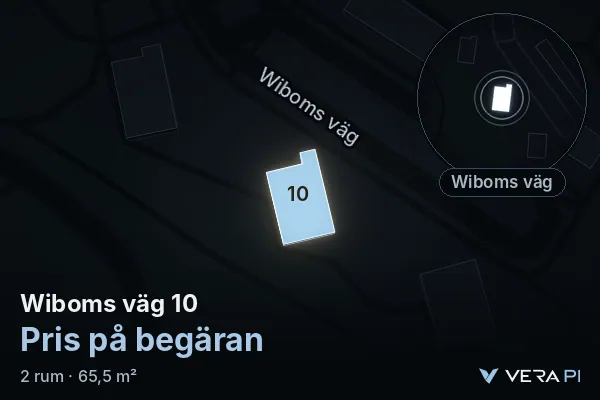 VERA PI's image of Wiboms väg 10: the building in 3D, lit in blue, and the map around it