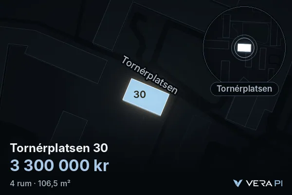VERA PI's image of Tornérplatsen 30: the building in 3D, lit in blue, and the map around it