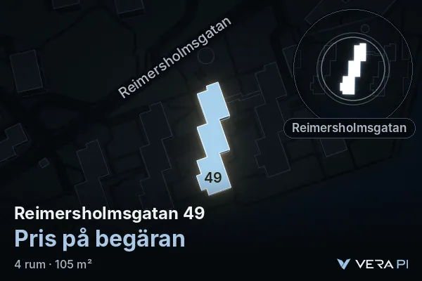 VERA PI:s bild av Reimersholmsgatan 49: huset i 3D, upplyst i blått, och kartan runt omkring