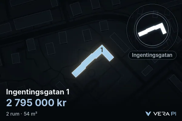 VERA PI's image of Ingentingsgatan 1: the building in 3D, lit in blue, and the map around it