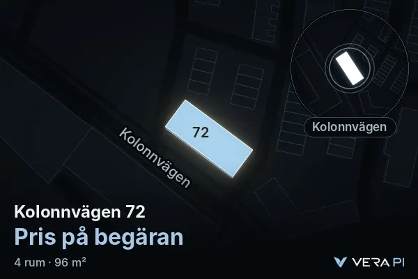 VERA PI:s bild av Kolonnvägen 72: huset i 3D, upplyst i blått, och kartan runt omkring