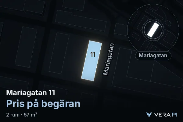 VERA PI:s bild av Mariagatan 11: huset i 3D, upplyst i blått, och kartan runt omkring