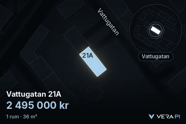 VERA PI:s bild av Vattugatan 21A: huset i 3D, upplyst i blått, och kartan runt omkring