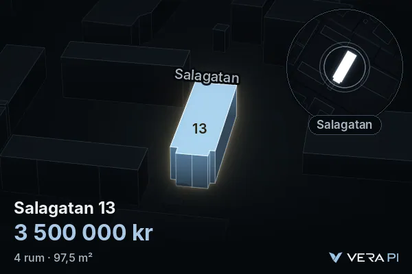 VERA PI:s bild av Salagatan 13: huset i 3D, upplyst i blått, och kartan runt omkring