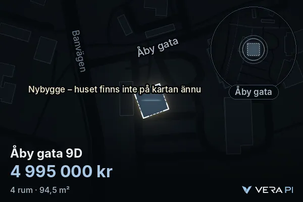 VERA PI:s bild av Åby gata 9D: huset i 3D, upplyst i blått, och kartan runt omkring