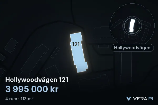 VERA PI's image of Hollywoodvägen 121: the building in 3D, lit in blue, and the map around it