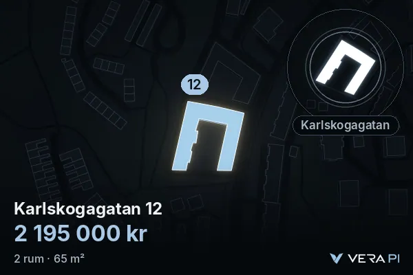 VERA PI:s bild av Karlskogagatan 12: huset i 3D, upplyst i blått, och kartan runt omkring