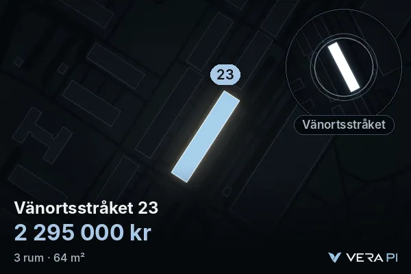 VERA PI's image of Vänortsstråket 23: the building in 3D, lit in blue, and the map around it
