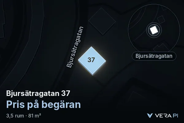 VERA PI's image of Bjursätragatan 37: the building in 3D, lit in blue, and the map around it