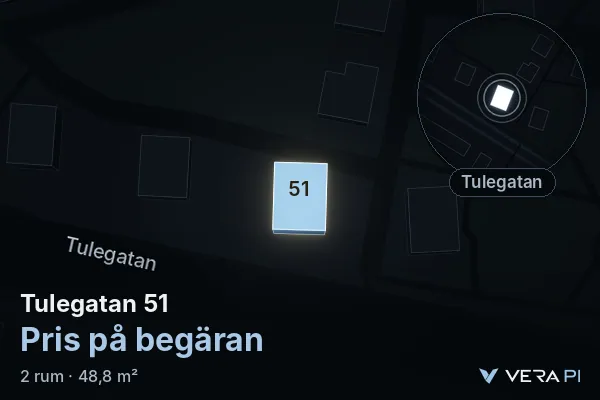 VERA PI:s bild av Tulegatan 51: huset i 3D, upplyst i blått, och kartan runt omkring