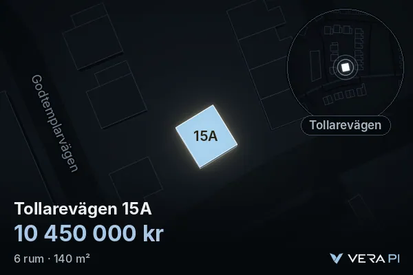 VERA PI:s bild av Tollarevägen 15A: huset i 3D, upplyst i blått, och kartan runt omkring