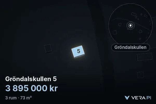 VERA PI:s bild av Gröndalskullen 5: huset i 3D, upplyst i blått, och kartan runt omkring