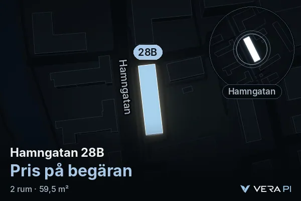 VERA PI:s bild av Hamngatan 28B: huset i 3D, upplyst i blått, och kartan runt omkring