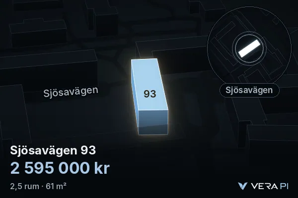 VERA PI:s bild av Sjösavägen 93: huset i 3D, upplyst i blått, och kartan runt omkring