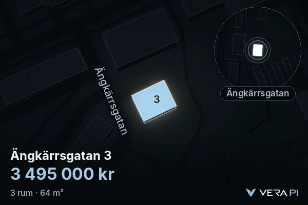 VERA PI:s bild av Ängkärrsgatan 3: huset i 3D, upplyst i blått, och kartan runt omkring