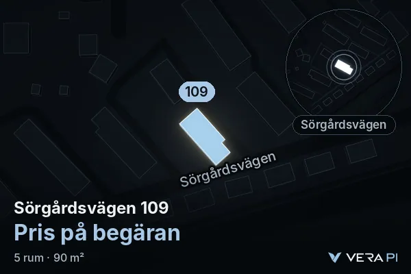 VERA PI:s bild av Sörgårdsvägen 109: huset i 3D, upplyst i blått, och kartan runt omkring