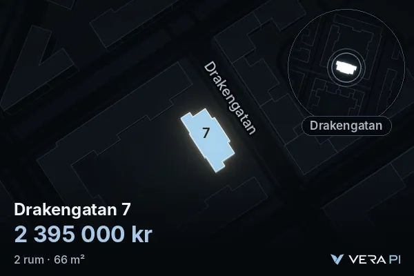 VERA PI's image of Drakengatan 7: the building in 3D, lit in blue, and the map around it