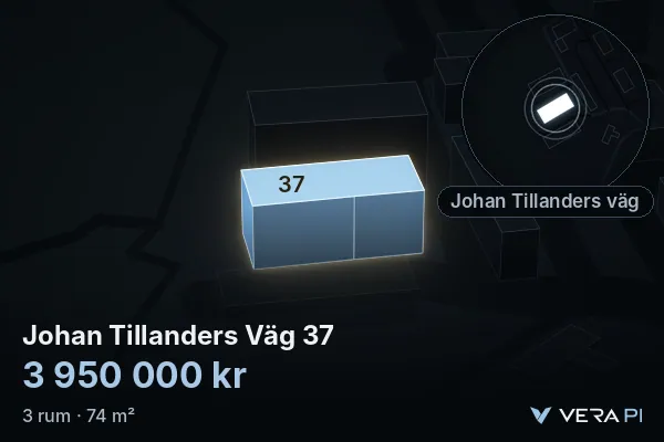VERA PI's image of Johan Tillanders Väg 37: the building in 3D, lit in blue, and the map around it